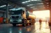In einem hell erleuchteten, modern-futuristischen Industriehafen steht ein elektrisch betriebener Schwerlasttruck im Fokus, umgeben von warmem Tageslicht und einzelnen Arbeitskräften in entspannter, hoffnungsvoller Atmosphäre, die den spannungsgeladenen Wendepunkt und die Erneuerung eines einst gefeierten Clean-Tech-Start-ups symbolisiert.