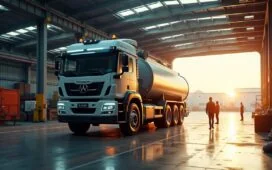 In einem hell erleuchteten, modern-futuristischen Industriehafen steht ein elektrisch betriebener Schwerlasttruck im Fokus, umgeben von warmem Tageslicht und einzelnen Arbeitskräften in entspannter, hoffnungsvoller Atmosphäre, die den spannungsgeladenen Wendepunkt und die Erneuerung eines einst gefeierten Clean-Tech-Start-ups symbolisiert.