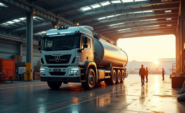 In einem hell erleuchteten, modern-futuristischen Industriehafen steht ein elektrisch betriebener Schwerlasttruck im Fokus, umgeben von warmem Tageslicht und einzelnen Arbeitskräften in entspannter, hoffnungsvoller Atmosphäre, die den spannungsgeladenen Wendepunkt und die Erneuerung eines einst gefeierten Clean-Tech-Start-ups symbolisiert.