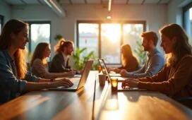 Ein modernes, lichtdurchflutetes Büro mit entspannten Tech-Mitarbeitenden, die konzentriert an ihren Laptops arbeiten und dabei dezent Nikotinbeutel nutzen, während warme Sonnenstrahlen durch große Fenster gemütliche Highlights auf helle Holzoberflächen und grüne Pflanzen setzen, die eine freundliche, offene Arbeitsatmosphäre voller Innovation und urbanem Lifestyle vermitteln.