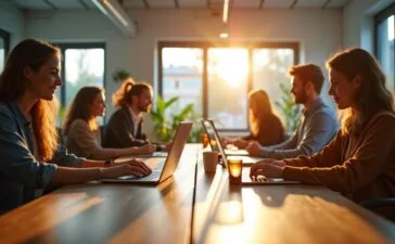 Ein modernes, lichtdurchflutetes Büro mit entspannten Tech-Mitarbeitenden, die konzentriert an ihren Laptops arbeiten und dabei dezent Nikotinbeutel nutzen, während warme Sonnenstrahlen durch große Fenster gemütliche Highlights auf helle Holzoberflächen und grüne Pflanzen setzen, die eine freundliche, offene Arbeitsatmosphäre voller Innovation und urbanem Lifestyle vermitteln.