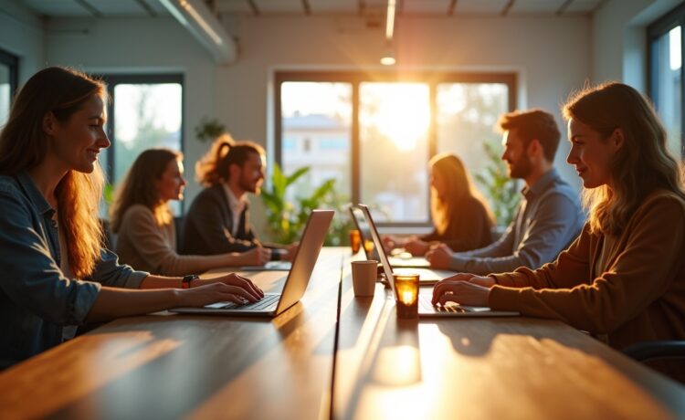 Ein modernes, lichtdurchflutetes Büro mit entspannten Tech-Mitarbeitenden, die konzentriert an ihren Laptops arbeiten und dabei dezent Nikotinbeutel nutzen, während warme Sonnenstrahlen durch große Fenster gemütliche Highlights auf helle Holzoberflächen und grüne Pflanzen setzen, die eine freundliche, offene Arbeitsatmosphäre voller Innovation und urbanem Lifestyle vermitteln.