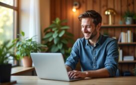 Ein lichtdurchflutetes, modernes Büro mit warmem Holz und Pflanzen, in dem ein konzentrierter IT-Experte mit freundlichem Lächeln am Laptop sitzt und behutsam eine komplexe Automatisierungssoftware prüft – ein harmonisches Bild von digitaler Innovation und verantwortungsbewusster Sicherheit.