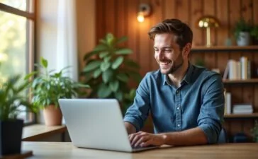 Ein lichtdurchflutetes, modernes Büro mit warmem Holz und Pflanzen, in dem ein konzentrierter IT-Experte mit freundlichem Lächeln am Laptop sitzt und behutsam eine komplexe Automatisierungssoftware prüft – ein harmonisches Bild von digitaler Innovation und verantwortungsbewusster Sicherheit.