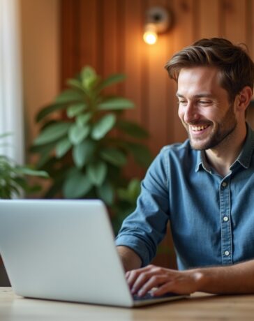 Ein lichtdurchflutetes, modernes Büro mit warmem Holz und Pflanzen, in dem ein konzentrierter IT-Experte mit freundlichem Lächeln am Laptop sitzt und behutsam eine komplexe Automatisierungssoftware prüft – ein harmonisches Bild von digitaler Innovation und verantwortungsbewusster Sicherheit.
