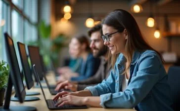 Ein freundliches, natürlich beleuchtetes Büroumfeld mit konzentrierten Entwicklern an modernen Computern, die gemeinsam an Code arbeiten und dabei die Dringlichkeit eines wichtigen Sicherheitsupdates mit einem warmen Lächeln im Team besprechen.