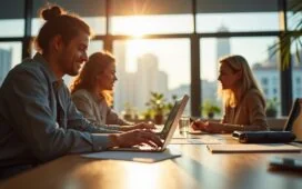 Ein sonnendurchflutetes, modernes Büro mit lächelnden Fachleuten, die konzentriert an Laptops und Tablets arbeiten, umgeben von eleganter Hightech-Ausstattung, die eine lebendige Atmosphäre der Innovation und Zusammenarbeit im Bereich Künstliche Intelligenz vermittelt.