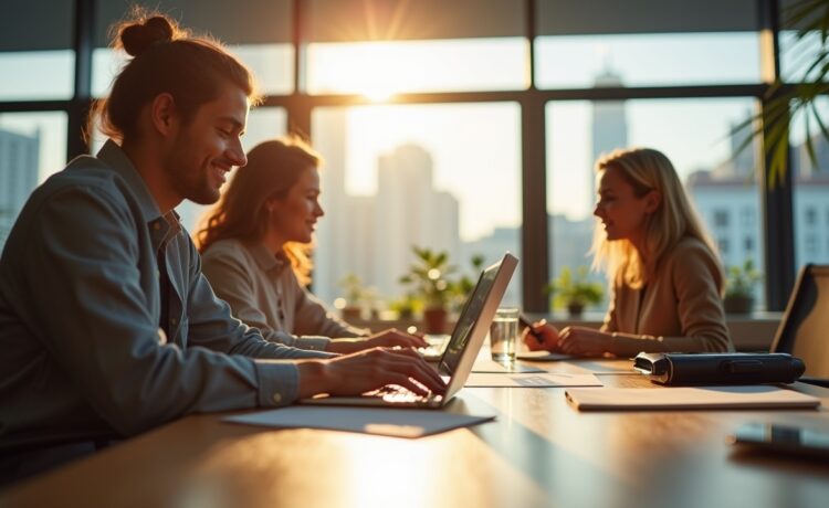 Ein sonnendurchflutetes, modernes Büro mit lächelnden Fachleuten, die konzentriert an Laptops und Tablets arbeiten, umgeben von eleganter Hightech-Ausstattung, die eine lebendige Atmosphäre der Innovation und Zusammenarbeit im Bereich Künstliche Intelligenz vermittelt.