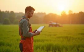 Ein sonnendurchflutetes, weitläufiges Feld mit sattem Grün, auf dem ein moderner Landwirt mit Tablet in der Hand aufmerksam die Pflanzen inspiziert, während sanfte Morgenstrahlen eine warme, einladende Stimmung schaffen und im Hintergrund leise moderne Agrartechnik zu erkennen ist.