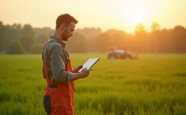 Ein sonnendurchflutetes, weitläufiges Feld mit sattem Grün, auf dem ein moderner Landwirt mit Tablet in der Hand aufmerksam die Pflanzen inspiziert, während sanfte Morgenstrahlen eine warme, einladende Stimmung schaffen und im Hintergrund leise moderne Agrartechnik zu erkennen ist.