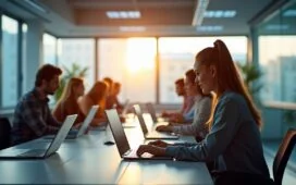 In einem modern gestalteten, hell erleuchteten Labor arbeitet ein diverses Team engagierter Wissenschaftler:innen konzentriert an Laptops und Touchscreens, während sanftes Tageslicht durch große Fenster fällt und die warme, kollaborative Atmosphäre einer innovativen KI-gestützten Forschungsumgebung einfängt.