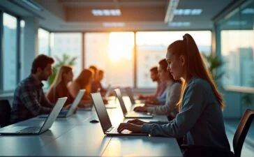 In einem modern gestalteten, hell erleuchteten Labor arbeitet ein diverses Team engagierter Wissenschaftler:innen konzentriert an Laptops und Touchscreens, während sanftes Tageslicht durch große Fenster fällt und die warme, kollaborative Atmosphäre einer innovativen KI-gestützten Forschungsumgebung einfängt.