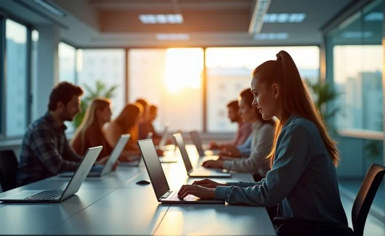 In einem modern gestalteten, hell erleuchteten Labor arbeitet ein diverses Team engagierter Wissenschaftler:innen konzentriert an Laptops und Touchscreens, während sanftes Tageslicht durch große Fenster fällt und die warme, kollaborative Atmosphäre einer innovativen KI-gestützten Forschungsumgebung einfängt.