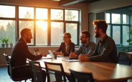 Ein helles, einladendes Büro mit moderner Technik, in dem ein motiviertes IT-Team in entspannter Atmosphäre gemeinsam an offenen Cloud-Lösungen arbeitet, warmes Tageslicht durch große Fenster strömt und lebendige Gespräche über zukunftsweisende Infrastruktur-Strategien den Raum erfüllen.