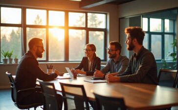 Ein helles, einladendes Büro mit moderner Technik, in dem ein motiviertes IT-Team in entspannter Atmosphäre gemeinsam an offenen Cloud-Lösungen arbeitet, warmes Tageslicht durch große Fenster strömt und lebendige Gespräche über zukunftsweisende Infrastruktur-Strategien den Raum erfüllen.