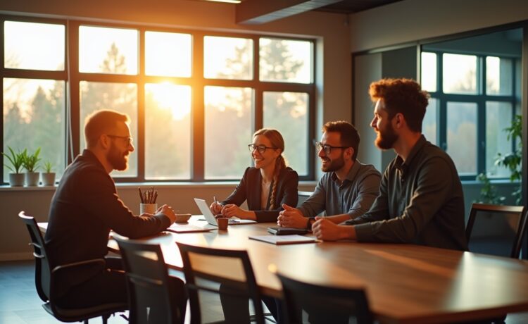 Ein helles, einladendes Büro mit moderner Technik, in dem ein motiviertes IT-Team in entspannter Atmosphäre gemeinsam an offenen Cloud-Lösungen arbeitet, warmes Tageslicht durch große Fenster strömt und lebendige Gespräche über zukunftsweisende Infrastruktur-Strategien den Raum erfüllen.