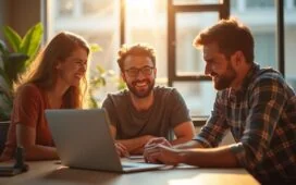 Ein hell erleuchtetes, modernes Büro mit einem Webdesigner-Team in lebhafter Diskussion rund um einen Laptop, das freundliche Miteinander und kreative Energie ausstrahlt, eingefangen in warmem Tageslicht und mit realistischer, detailreicher Kameraästhetik.