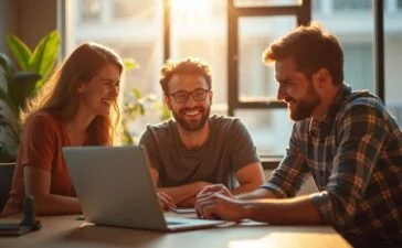 Ein hell erleuchtetes, modernes Büro mit einem Webdesigner-Team in lebhafter Diskussion rund um einen Laptop, das freundliche Miteinander und kreative Energie ausstrahlt, eingefangen in warmem Tageslicht und mit realistischer, detailreicher Kameraästhetik.