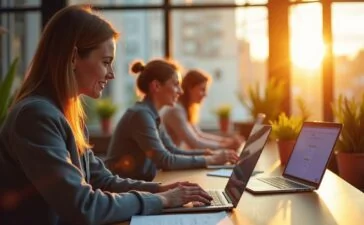 Ein lichtdurchflutetes, modernes Büro mit einem entspannten Team, das konzentriert an Laptops arbeitet, während natürliches Sonnenlicht warme Farben und eine freundliche Atmosphäre schafft, die den produktiven Einsatz von KI-Tools wie ChatGPT im Arbeitsalltag lebendig widerspiegelt.
