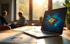 Ein modernes, lichtdurchflutetes Büro mit warmem Tageslicht, in dem ein eleganter Laptop mit geöffnetem Gehäuse und sichtbar komplexer CPU-Platine auf einem hellen Holztisch liegt, umgeben von technischen Skizzen und entspannten Menschen in lebhaften Gesprächen, die gemeinsam die Zukunft energieeffizienter Hochleistungsprozessoren mit Fokus auf Innovation und KI-Integration diskutieren.