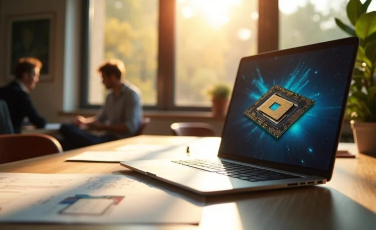 Ein modernes, lichtdurchflutetes Büro mit warmem Tageslicht, in dem ein eleganter Laptop mit geöffnetem Gehäuse und sichtbar komplexer CPU-Platine auf einem hellen Holztisch liegt, umgeben von technischen Skizzen und entspannten Menschen in lebhaften Gesprächen, die gemeinsam die Zukunft energieeffizienter Hochleistungsprozessoren mit Fokus auf Innovation und KI-Integration diskutieren.