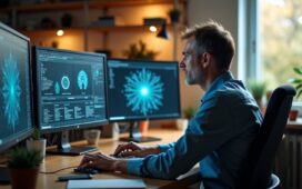 Ein hell erleuchtetes, modernes Büro mit einem konzentriert arbeitenden Entwickler mittleren Alters, der vor mehreren Bildschirmen Datenvisualisierungen und neuronale Netzwerke studiert, umgeben von sanftem Tageslicht und warmen Holzakzenten, die eine einladende Atmosphäre des Fortschritts und der Innovation schaffen.