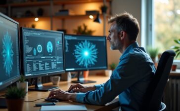 Ein hell erleuchtetes, modernes Büro mit einem konzentriert arbeitenden Entwickler mittleren Alters, der vor mehreren Bildschirmen Datenvisualisierungen und neuronale Netzwerke studiert, umgeben von sanftem Tageslicht und warmen Holzakzenten, die eine einladende Atmosphäre des Fortschritts und der Innovation schaffen.