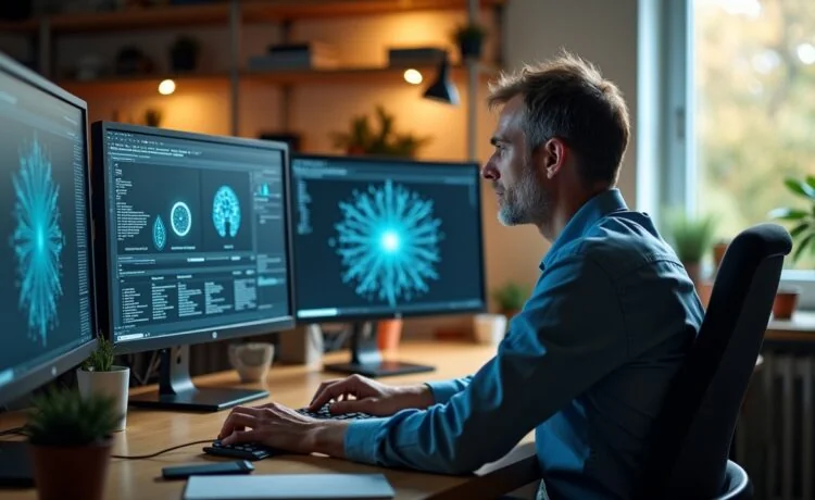 Ein hell erleuchtetes, modernes Büro mit einem konzentriert arbeitenden Entwickler mittleren Alters, der vor mehreren Bildschirmen Datenvisualisierungen und neuronale Netzwerke studiert, umgeben von sanftem Tageslicht und warmen Holzakzenten, die eine einladende Atmosphäre des Fortschritts und der Innovation schaffen.