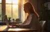 In einem hell erleuchteten, modernen Home-Office sitzt eine nachdenkliche Person bei natürlichem Tageslicht vor einem Laptop, während sanfte Schatten und warme Farbtöne das sensible Thema Datenschutz und Passwortsicherheit einfühlsam visuell vermitteln.