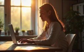 In einem hell erleuchteten, modernen Home-Office sitzt eine nachdenkliche Person bei natürlichem Tageslicht vor einem Laptop, während sanfte Schatten und warme Farbtöne das sensible Thema Datenschutz und Passwortsicherheit einfühlsam visuell vermitteln.