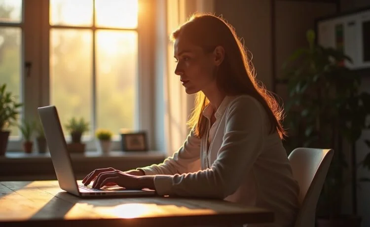 In einem hell erleuchteten, modernen Home-Office sitzt eine nachdenkliche Person bei natürlichem Tageslicht vor einem Laptop, während sanfte Schatten und warme Farbtöne das sensible Thema Datenschutz und Passwortsicherheit einfühlsam visuell vermitteln.