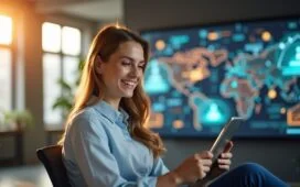 In einem modernen, lichtdurchfluteten Büro mit warmem Tageslicht interagiert eine junge, zuversichtlich lächelnde Frau entspannt mit einem Tablet, während im Hintergrund stilvoll dezent vernetzte Bildschirme und dynamische Grafiken einer KI-gestützten Shoppingplattform auf eine innovative Zukunft des Online-Handels hinweisen.