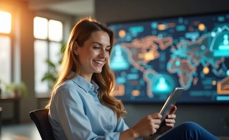In einem modernen, lichtdurchfluteten Büro mit warmem Tageslicht interagiert eine junge, zuversichtlich lächelnde Frau entspannt mit einem Tablet, während im Hintergrund stilvoll dezent vernetzte Bildschirme und dynamische Grafiken einer KI-gestützten Shoppingplattform auf eine innovative Zukunft des Online-Handels hinweisen.