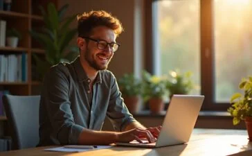 Ein heller, natürlich beleuchteter Arbeitsplatz mit einem lächelnden Entwickler, der konzentriert vor einem modernen Laptop sitzt, umgeben von warmen Holztönen und sanftem Tageslicht, das eine freundliche Atmosphäre von Produktivität und technologischem Fortschritt in der Welt moderner Kotlin-Backend-Entwicklung schafft.