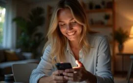 Eine hell erleuchtete Szene mit einer entspannt lächelnden Person, die mit natürlichem Tageslicht sanft auf ihrem Smartphone durch ihre Banking-App navigiert, während im Hintergrund ein moderner Home-Office-Arbeitsplatz und warme Holztöne eine vertrauensvolle und sichere Atmosphäre schaffen, die Schutz und Achtsamkeit im digitalen Alltag ausstrahlt.