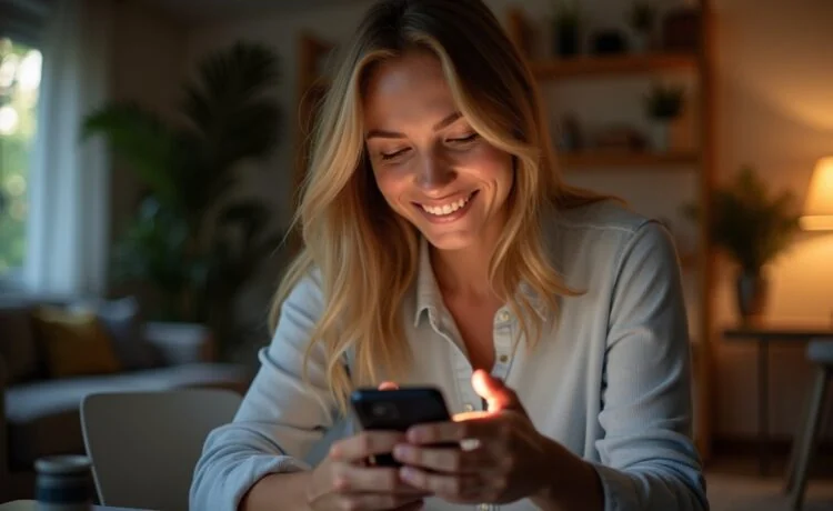 Eine hell erleuchtete Szene mit einer entspannt lächelnden Person, die mit natürlichem Tageslicht sanft auf ihrem Smartphone durch ihre Banking-App navigiert, während im Hintergrund ein moderner Home-Office-Arbeitsplatz und warme Holztöne eine vertrauensvolle und sichere Atmosphäre schaffen, die Schutz und Achtsamkeit im digitalen Alltag ausstrahlt.