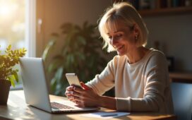 Eine strahlend helle, natürliche Aufnahme einer entspannten, seriös wirkenden Person mittleren Alters, die am heimischen Schreibtisch mit warmem Tageslicht in den Händen ein Smartphone hält und aufmerksam ihre E-Mails prüft, während im Hintergrund ein moderner Laptop dezent aufgestellt ist – ein Bild voller Vertrauen, Sicherheit und digitaler Wachsamkeit im Fokus.