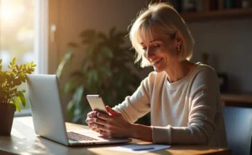 Eine strahlend helle, natürliche Aufnahme einer entspannten, seriös wirkenden Person mittleren Alters, die am heimischen Schreibtisch mit warmem Tageslicht in den Händen ein Smartphone hält und aufmerksam ihre E-Mails prüft, während im Hintergrund ein moderner Laptop dezent aufgestellt ist – ein Bild voller Vertrauen, Sicherheit und digitaler Wachsamkeit im Fokus.