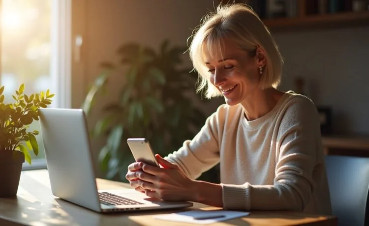 Eine strahlend helle, natürliche Aufnahme einer entspannten, seriös wirkenden Person mittleren Alters, die am heimischen Schreibtisch mit warmem Tageslicht in den Händen ein Smartphone hält und aufmerksam ihre E-Mails prüft, während im Hintergrund ein moderner Laptop dezent aufgestellt ist – ein Bild voller Vertrauen, Sicherheit und digitaler Wachsamkeit im Fokus.