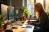 Ein lichtdurchflutetes, modern gestaltetes Kreativstudio mit einem freundlichen Designerteam, das konzentriert vor großen Bildschirmen an innovativen Photoshop-Projekten arbeitet, umgeben von warmem Tageslicht und organischen Materialien, das die Zukunft der KI-gestützten Kreativarbeit lebendig und inspirierend einfängt.
