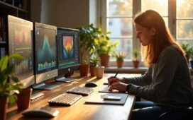 Ein lichtdurchflutetes, modern gestaltetes Kreativstudio mit einem freundlichen Designerteam, das konzentriert vor großen Bildschirmen an innovativen Photoshop-Projekten arbeitet, umgeben von warmem Tageslicht und organischen Materialien, das die Zukunft der KI-gestützten Kreativarbeit lebendig und inspirierend einfängt.