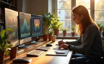 Ein lichtdurchflutetes, modern gestaltetes Kreativstudio mit einem freundlichen Designerteam, das konzentriert vor großen Bildschirmen an innovativen Photoshop-Projekten arbeitet, umgeben von warmem Tageslicht und organischen Materialien, das die Zukunft der KI-gestützten Kreativarbeit lebendig und inspirierend einfängt.