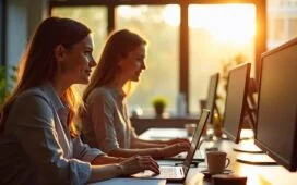 In einem hell erleuchteten, modernen Büro sind konzentrierte IT-Expertinnen und IT-Experten in freundlicher Atmosphäre um Laptops und Bildschirme versammelt, während warme Sonnenstrahlen durch große Fenster fallen und eine positive Stimmung der gemeinsamen Zukunftssicherung durch Post-Quantum-Kryptografie vermitteln.