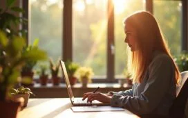 Eine warme, sonnendurchflutete Szene in einem modernen Büro mit einer entspannten Person, die konzentriert auf einem Laptop arbeitet, umgeben von sanften Holztönen und grünen Pflanzen, während im Hintergrund natürliche Fensterlichtstreifen eine einladende Atmosphäre schaffen und so das Thema Datenschutz und vertrauenswürdige KI persönlich und zugänglich visualisieren.