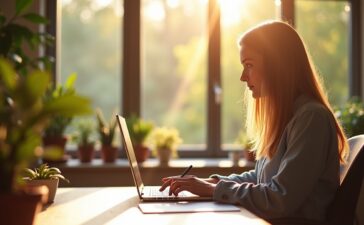 Eine warme, sonnendurchflutete Szene in einem modernen Büro mit einer entspannten Person, die konzentriert auf einem Laptop arbeitet, umgeben von sanften Holztönen und grünen Pflanzen, während im Hintergrund natürliche Fensterlichtstreifen eine einladende Atmosphäre schaffen und so das Thema Datenschutz und vertrauenswürdige KI persönlich und zugänglich visualisieren.