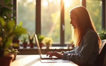 Eine warme, sonnendurchflutete Szene in einem modernen Büro mit einer entspannten Person, die konzentriert auf einem Laptop arbeitet, umgeben von sanften Holztönen und grünen Pflanzen, während im Hintergrund natürliche Fensterlichtstreifen eine einladende Atmosphäre schaffen und so das Thema Datenschutz und vertrauenswürdige KI persönlich und zugänglich visualisieren.