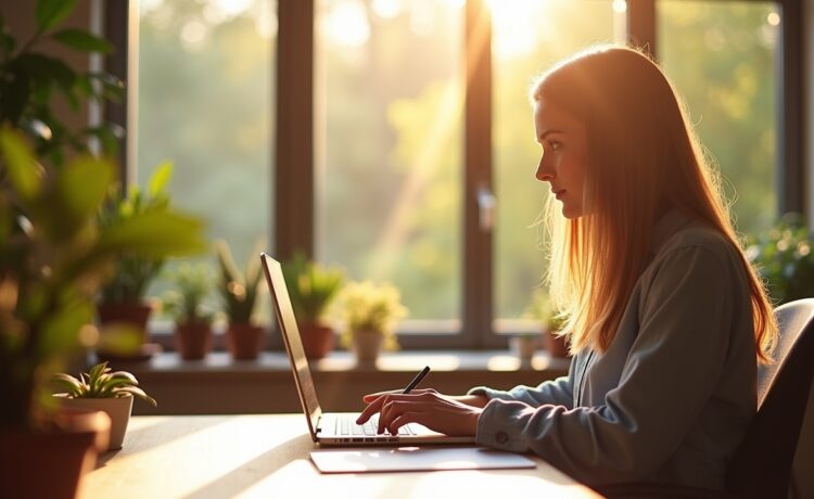 Eine warme, sonnendurchflutete Szene in einem modernen Büro mit einer entspannten Person, die konzentriert auf einem Laptop arbeitet, umgeben von sanften Holztönen und grünen Pflanzen, während im Hintergrund natürliche Fensterlichtstreifen eine einladende Atmosphäre schaffen und so das Thema Datenschutz und vertrauenswürdige KI persönlich und zugänglich visualisieren.