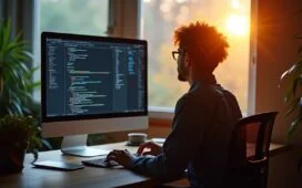 In einem hell erleuchteten, modernen Büro sitzt eine nachdenkliche Person vor einem großen Bildschirm, auf dem schemenhafte Codezeilen und Webseiteninhalte zu erkennen sind, während warmes Tageslicht sanft durch das Fenster fällt und eine Atmosphäre von Konzentration, Vertrauen und technischer Zukunft schafft.