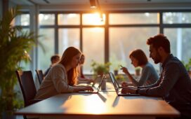 Ein warm ausgeleuchtetes, modernes Büro mit lichtdurchfluteten Fenstern, in dem ein internationales Team konzentriert und engagiert an Laptops arbeitet, umgeben von eleganter Technik und dezent europäischen Designelementen, die gemeinsam den Aufstieg einer vertrauenswürdigen, sicheren und innovativen europäischen Cloud-Lösung symbolisieren.