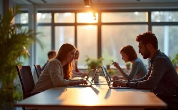 Ein warm ausgeleuchtetes, modernes Büro mit lichtdurchfluteten Fenstern, in dem ein internationales Team konzentriert und engagiert an Laptops arbeitet, umgeben von eleganter Technik und dezent europäischen Designelementen, die gemeinsam den Aufstieg einer vertrauenswürdigen, sicheren und innovativen europäischen Cloud-Lösung symbolisieren.